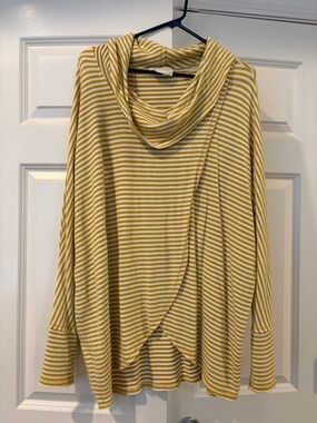 Anthropologie Yellow and White Striped Cowl-Neck Sweater